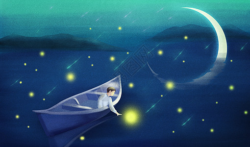 月亮和星星捞星星的男孩插画