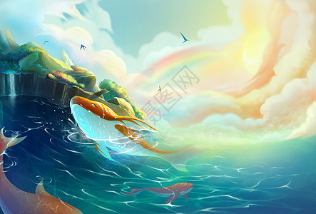 梦幻小岛与鲸鱼背景图片