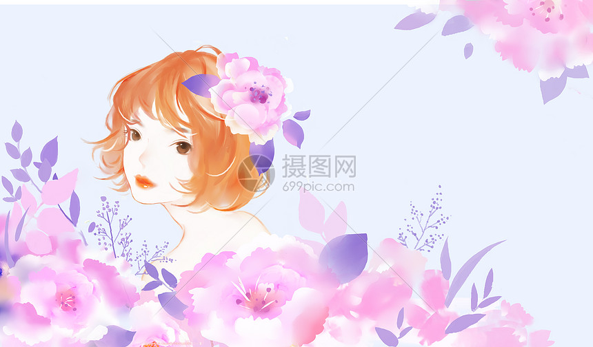 女生节唯美花卉插画图片