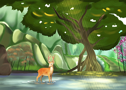 鹿 风景春日森林插画