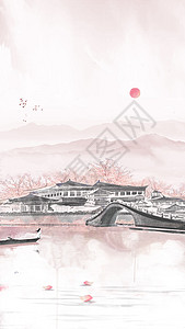 石拱桥中国风水墨扁舟桥头望远插画