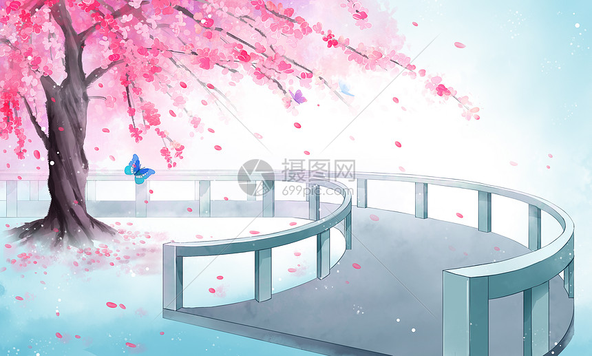 古风樱花树唯美插画背景插画图片下载 正版图片 摄图网 古风樱花树唯美插画背景插画图片下载 正版图片 摄图网