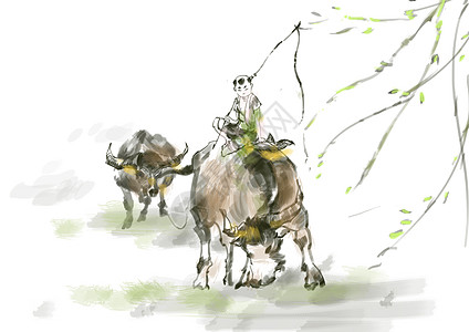 牧童和牛放牛的春天高清图片