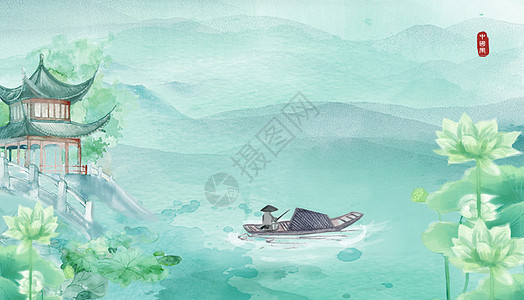 渔翁钓鱼水彩插画图片