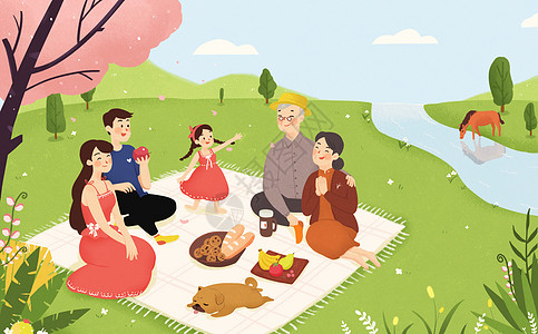 春游野餐一家人出游插画