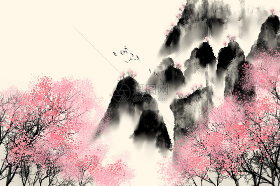 唯美插画 漫山桃树水墨背景.