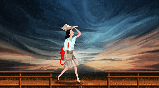 女孩在雨中漫步高清图片
