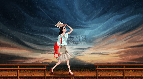 女孩在雨中漫步图片