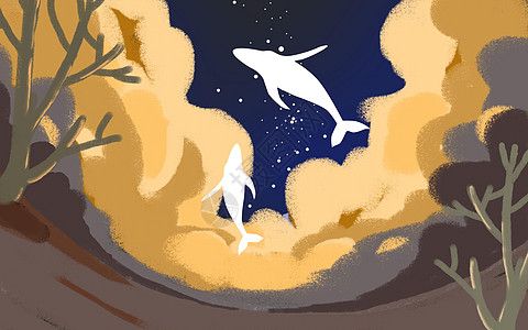 夜下的景色夜空中的鲸鱼插画