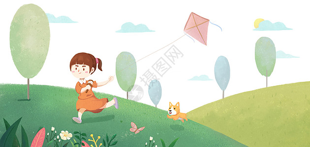 绿地玩耍放风筝的小女孩插画