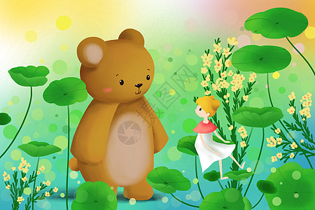 唯美春天女孩和小熊背景图片