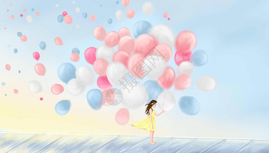 粉少女浪漫气球雨插画