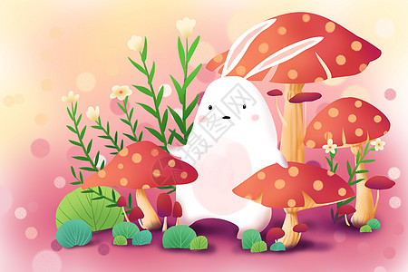 红色桌面蘑菇小兔插画