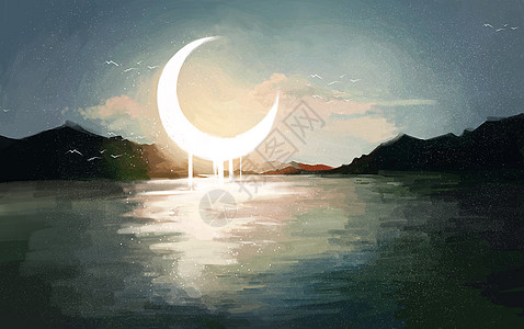湖倒影月亮河插画