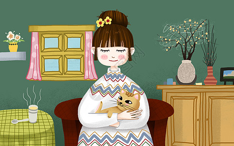 复古桌布抱着花猫的女孩插画