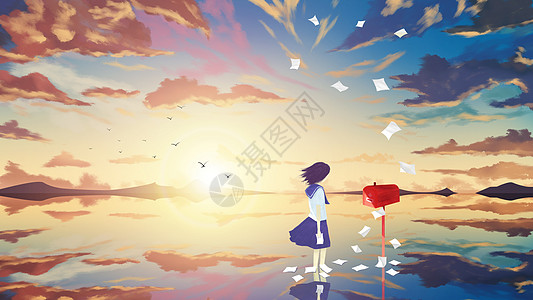 邮政日天空之境-少女的信箱插画