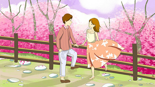 桃花盛开的地方情侣插画图片