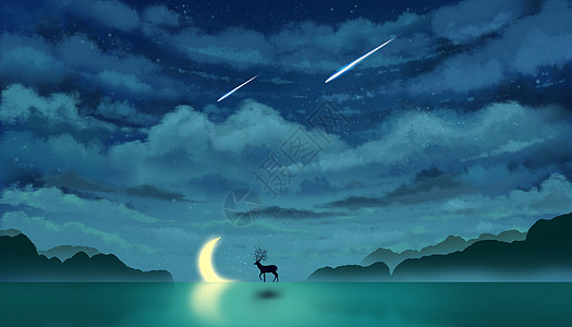 星空下的鹿与月亮唯美插画高清图片