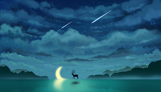 星空下的鹿与月亮唯美插画图片