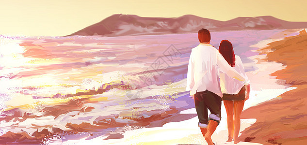 唯美情侣漫步在沙滩上图片