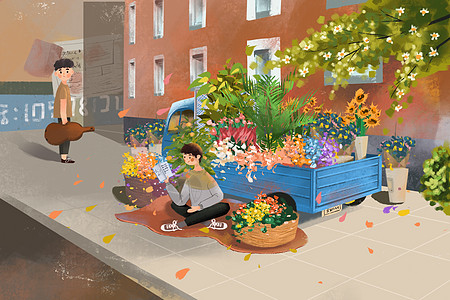飞驰的马路卖花小摊前看书的小男孩插画