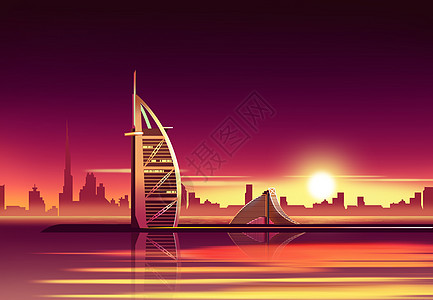 清晨的城市迪拜帆船酒店插画