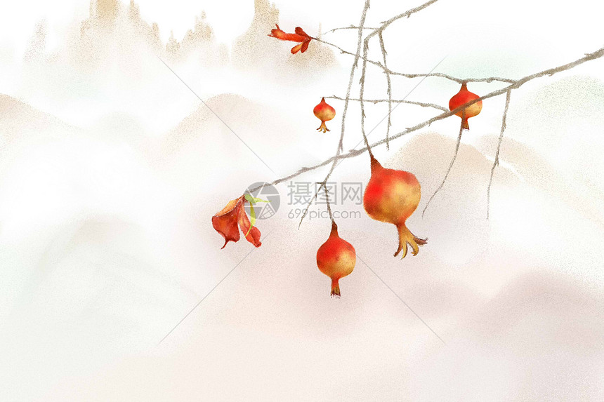 中国风石榴意境节气插画图片
