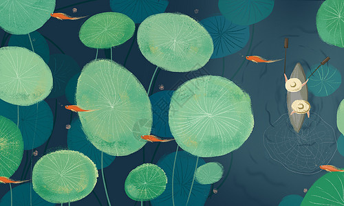 植物水绿色系池塘插画插画