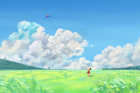 海报素材田园里放风筝的女孩插画