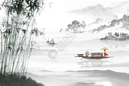 黑白船中国风山水背景插画