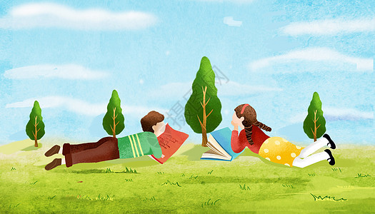 躺在草坪上看书背景图片