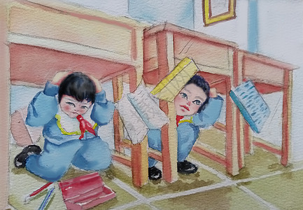 地震时学生们躲在桌子下背景图片