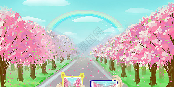 樱花盛放的郊外踏青背景图片