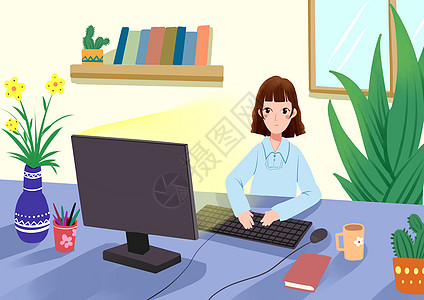 办公电脑鼠标办公室女生插画