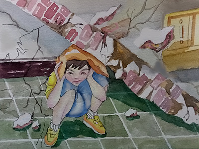 安全知识我牢记地震中的小男孩插画