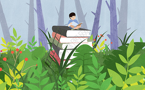 在森林里读书的孩子背景图片