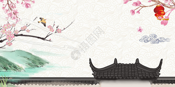 中国风毛笔字山水墙背景图片