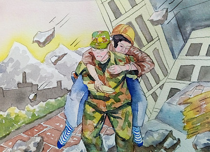 抗震减灾地震中被解放军救护的人插画