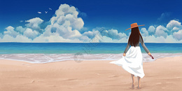 夏天沙滩的白裙女孩图片