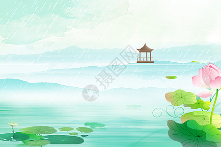 落花雨春色湖泊背景设计图片