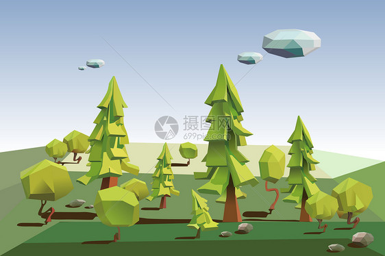 绿色低多边形森林，3D树的立体大自然图片