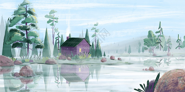 湖边小屋风景图片