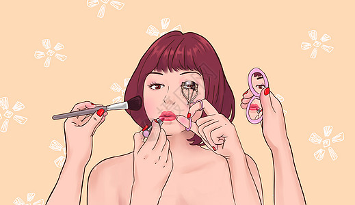 美甲diy急忙化妆的女孩插画