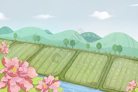 雨中牡丹谷雨雨景插画