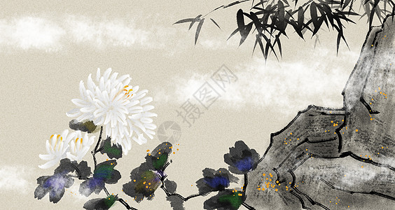 浴室背景圖中国风水墨花卉插画