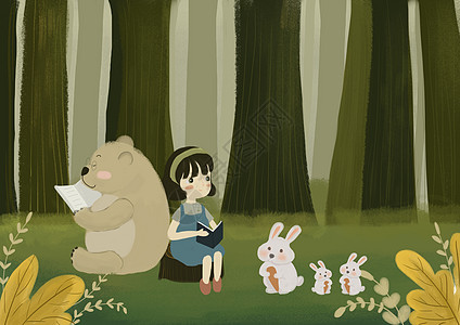 森林里看书的小女孩图片