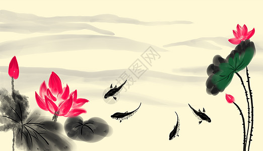 荷花莲池锦鲤背景墙高清图片