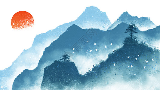 高山水墨山水插画