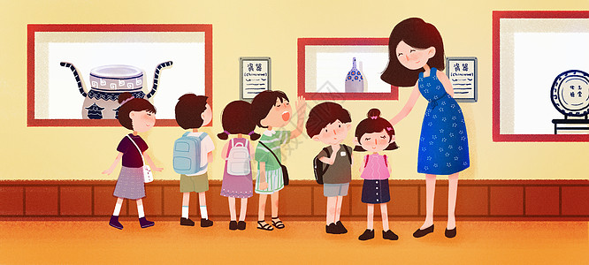 老师和学生带学生参观博物馆插画