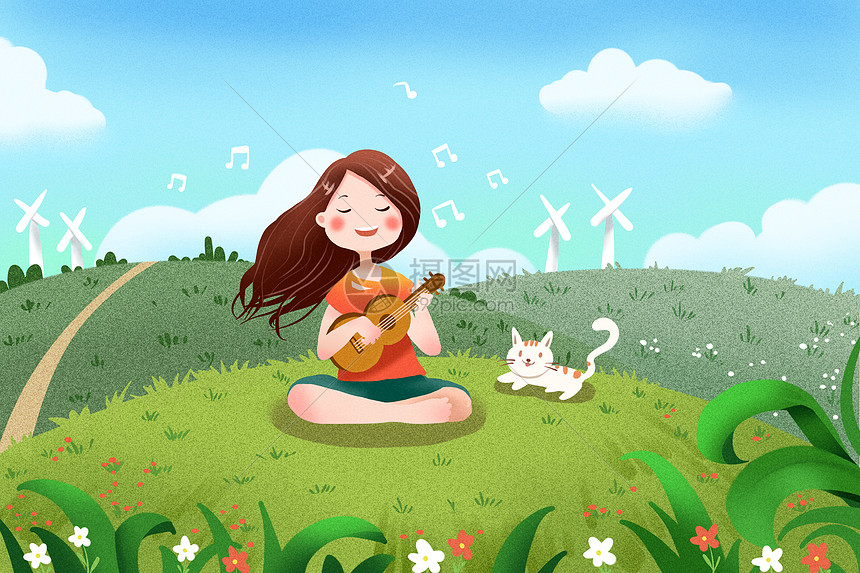 女孩坐草地上唱歌图片